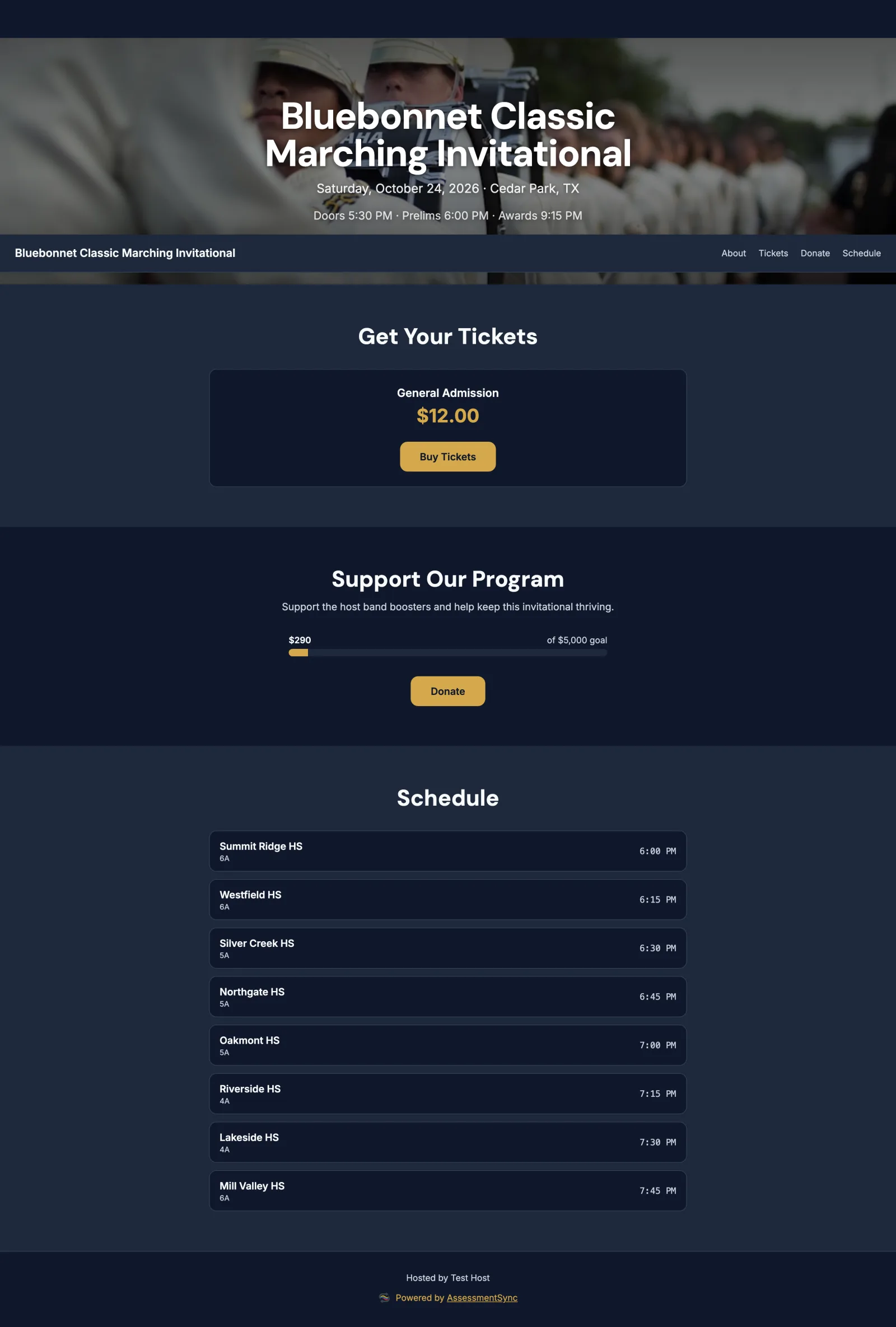 A branded event page with tickets, donations, and schedule