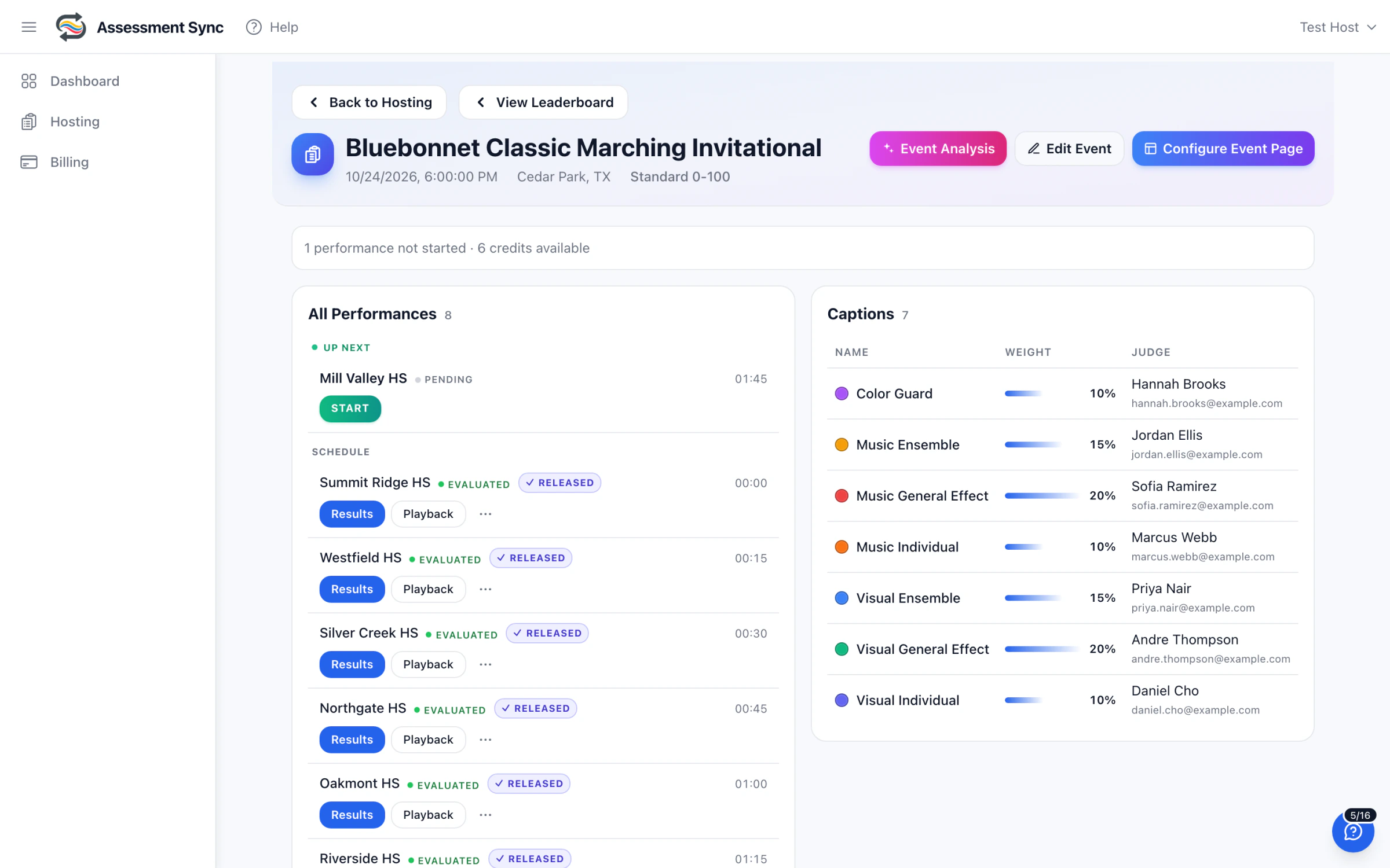 Event setup with configurable categories, captions, and weights