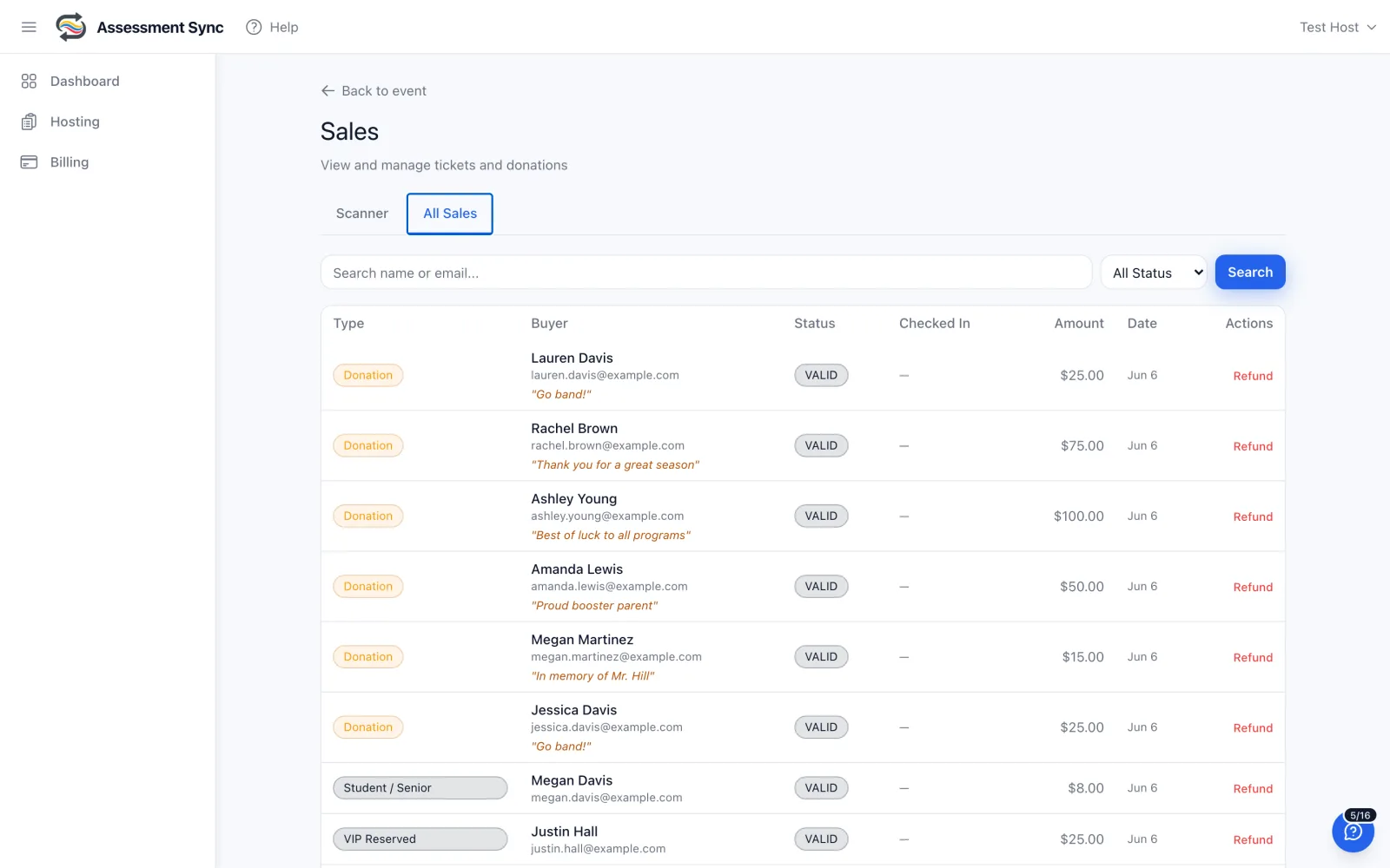 Real-time sales dashboard with QR check-in and one-click refunds